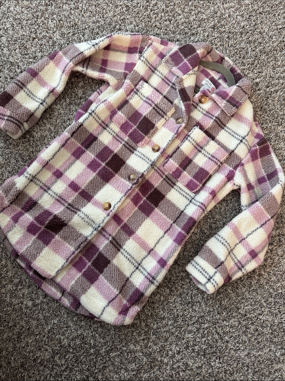 Kids Plush Plaid Shacket Jacket - Cream & Purple